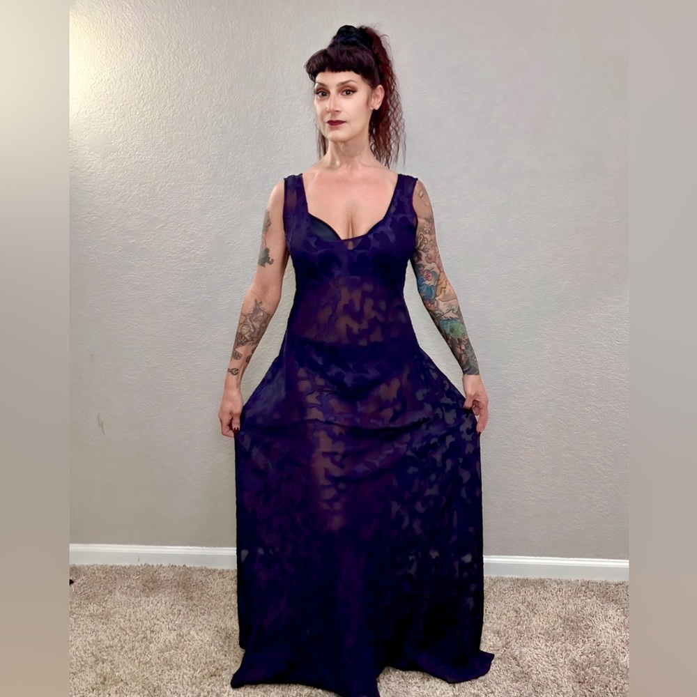90s Victoria Secret Mina Dark Purple Sheer Maxi Nightgown Slip Dress Lingerie M - Picture 4 of 16